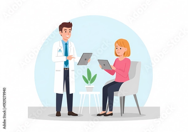 Obraz 病院の診察室で対話する医師と患者のイラスト（医療・受診・健康診断・カウンセリング）