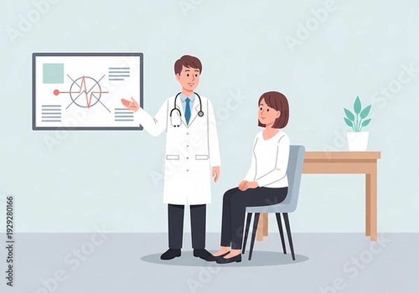 Obraz 病院の診察室で対話する医師と患者のイラスト（医療・受診・健康診断・カウンセリング）