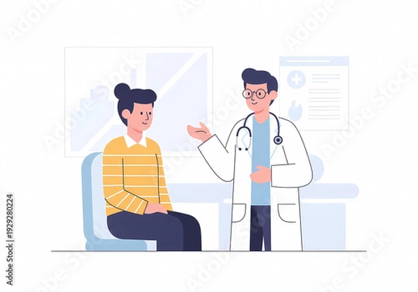 Obraz 病院の診察室で対話する医師と患者のイラスト（医療・受診・健康診断・カウンセリング）