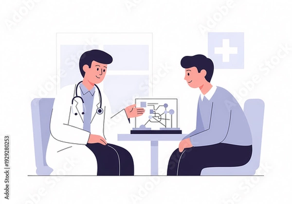 Obraz 病院の診察室で対話する医師と患者のイラスト（医療・受診・健康診断・カウンセリング）