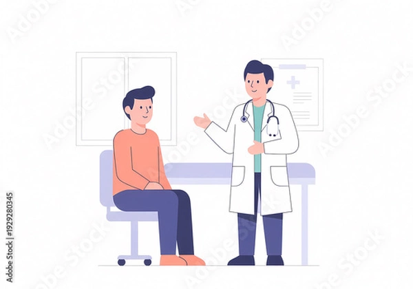 Obraz 病院の診察室で対話する医師と患者のイラスト（医療・受診・健康診断・カウンセリング）