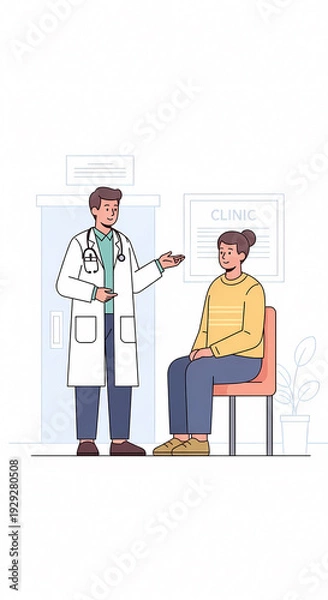 Obraz 病院の診察室で対話する医師と患者のイラスト（医療・受診・健康診断・カウンセリング）