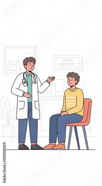 Obraz 病院の診察室で対話する医師と患者のイラスト（医療・受診・健康診断・カウンセリング）