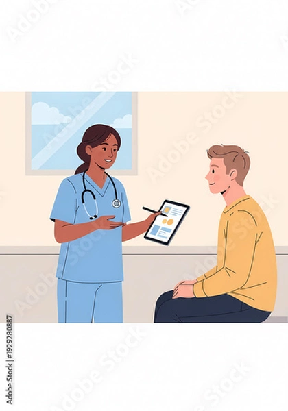 Obraz 病院の診察室で対話する医師と患者のイラスト（医療・受診・健康診断・カウンセリング）
