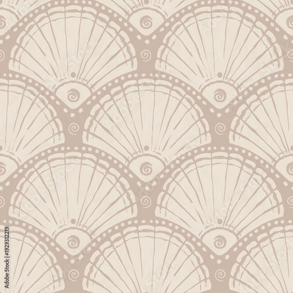 Obraz Seashell Pattern on beige background. Seamless scallop pattern. Hand drawn coastal pattern