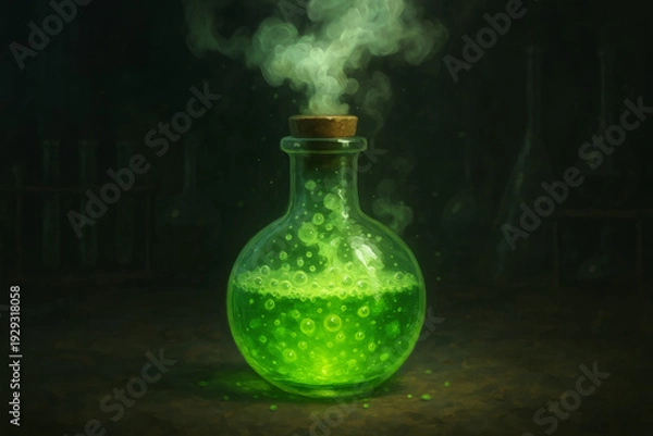 Obraz Glowing green potion bubbling in laboratory flask