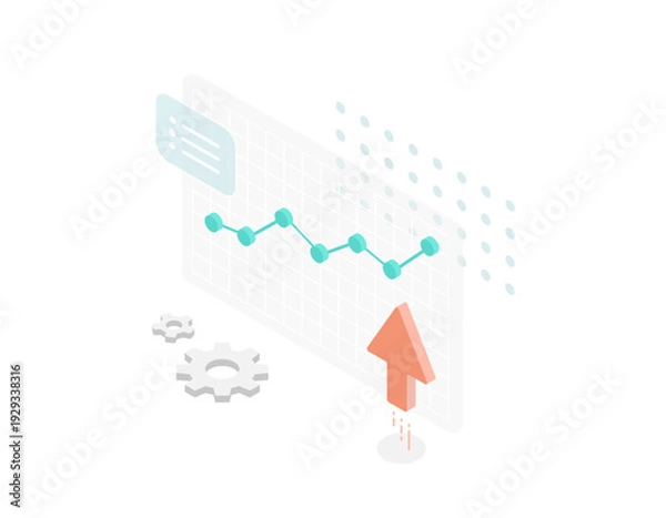 Fototapeta 上昇グラフと上向き矢印のアイソメトリックなベクターイラスト (景気、賃金、業績UP)