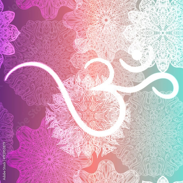 Fototapeta Ornate floral seamless texture, endless pattern with glowing bright mandala elements and ohm symbol
