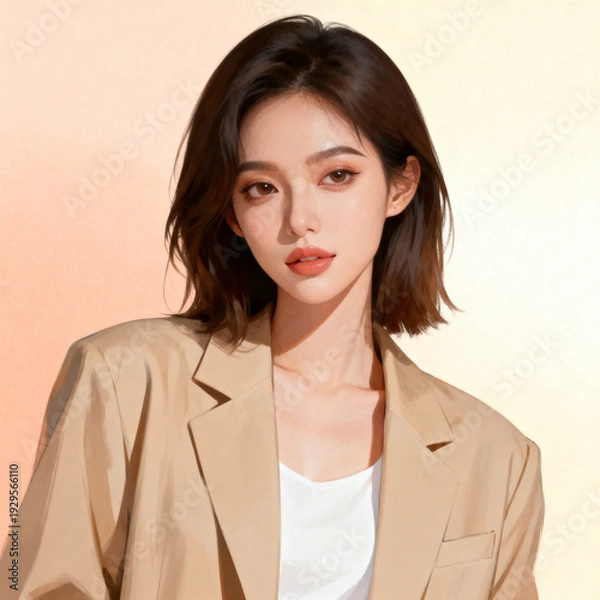 Obraz ピーチとクリームのパステル背景にベージュブレザーを着た現代女性ポートレート