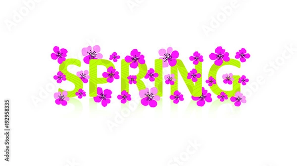 Fototapeta Bright sign. Green text "SPRING" and pink flowers. Cute vector seasonal illustration. Design floral concept can be used for poster, banner, t-shirt print, card, promotion flyer, backdrop, wallpaper