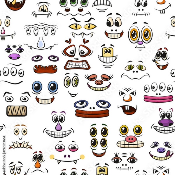 Fototapeta Seamless Background with Monster Faces, Different Eyes, Mouths, Teeth and Noses, Colorful Tile Pattern for Your Design with Cute Funny Cartoon Mugs. Vector