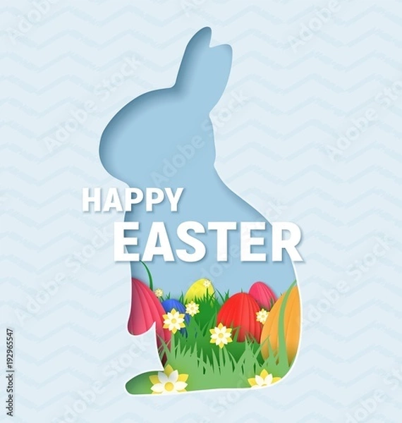 Obraz 3d abstract paper cut illustration of colorful paper art easter rabbit, grass, flowers and egg hunt.