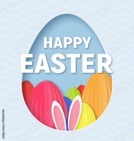Obraz 3d abstract paper cut illustration of colorful paper art easter rabbit, grass, flowers and egg hunt.