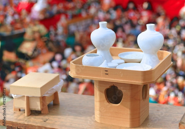 Obraz Japan Shinto ritual articles and Japanese dolls displaying on tiered stand during the Grand Bonfire Ceremony of farewell memorial service of old, used dolls at the shrine Close up, Magnified image 3