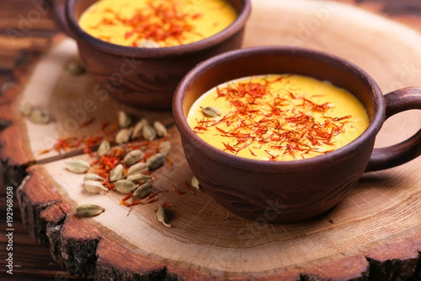 Fototapeta Indian turmeric milk with saffron, cardamom and turmeric. Copyspace