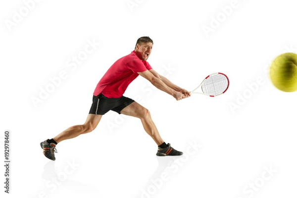 Fototapeta one caucasian man playing tennis player isolated on white background