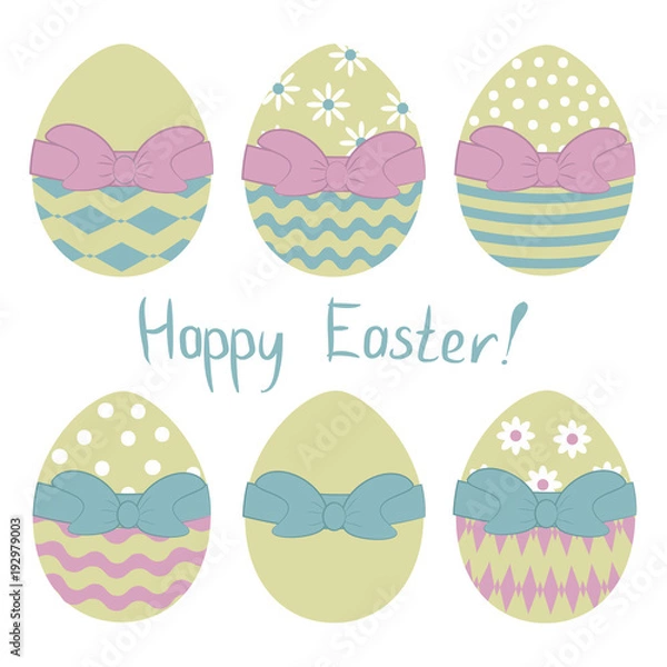 Obraz Декоративные пасхальные яйца с орнаментом и  бантом. Векторная Иллюстрация.