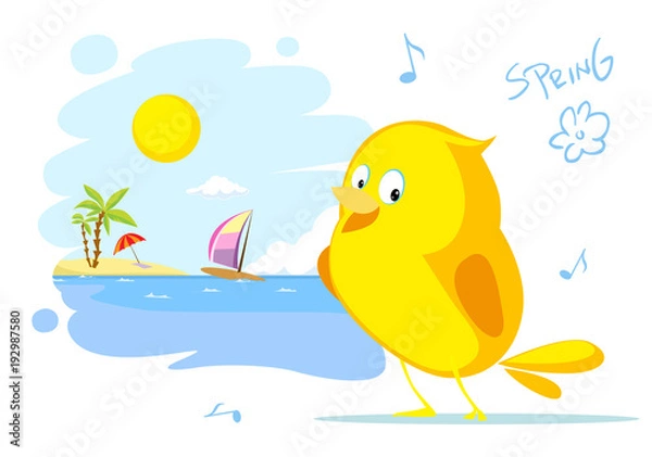 Fototapeta spring on the beach bird ssinging flat vector illustration