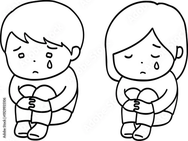 Obraz ひざをかかえて泣く子供の線画イラスト