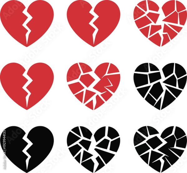 Obraz Nine broken hearts with various crack patterns on a white background Vector