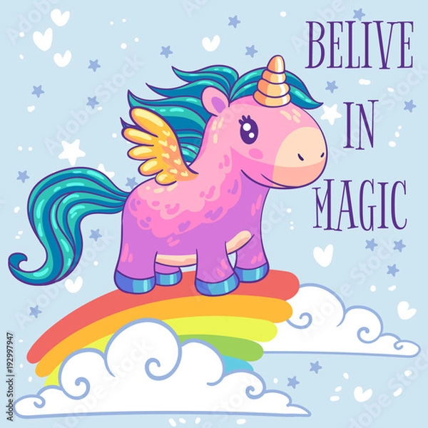 Obraz Little pink pony unicorn with wings standing on a rainbow. Cartoon character. It can be used for sticker, patch, phone case, poster, t-shirt, mug and other design.