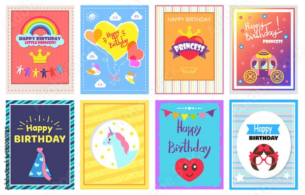 Obraz Happy Birthday Princess Set Vector Illustration