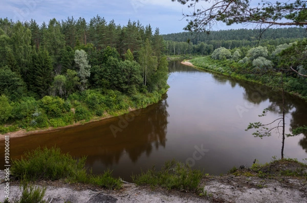 Fototapeta View from cliff on river and forest. Erglu Cliffs, on the bank of the Gauja river.