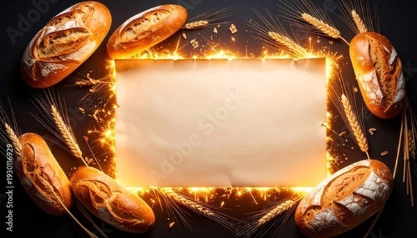 Obraz Artistic composition featuring golden bread, wheat stalks, and glowing scroll backdrop