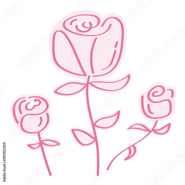 Obraz お洒落なピンク色のバラの線画のステッカー風イラストセット