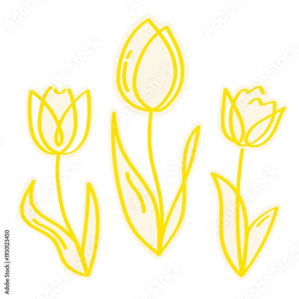 Obraz かわいい黄色のチューリップの線画のステッカー風イラストセット