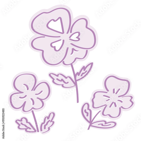 Obraz パープルのパンジーのポップな線画のステッカー風イラストセット