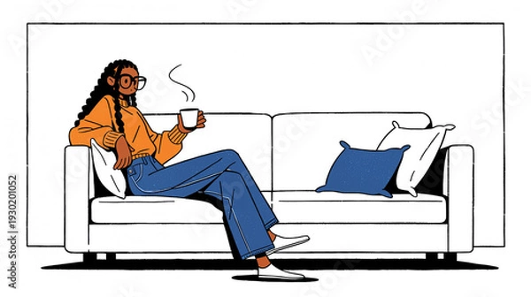 Obraz ソファーに座ってコーヒーを飲む女性