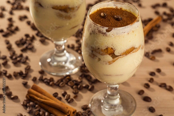 Obraz Delicious tiramisu with coffee bean and cinnamon
