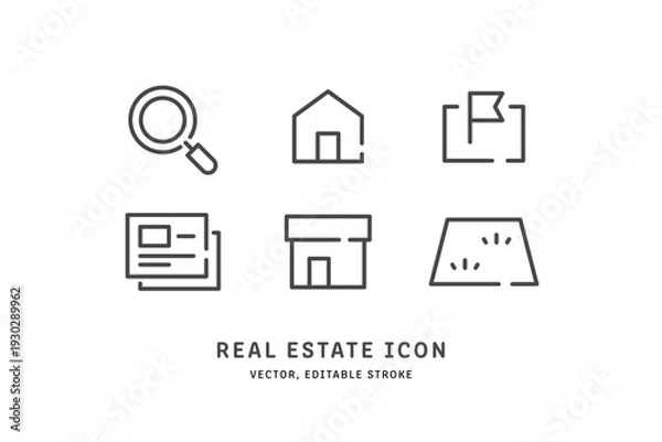 Fototapeta 物件情報･一戸建て･土地･店舗の賃貸や売買に便利なミニマルデザインの不動産線画アイコンセット (ベクター･モノクロ) Editable stroke