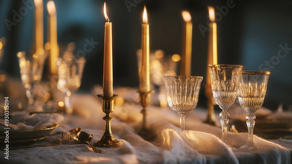Fototapeta Elegant Candlelit Dinner Table Setting