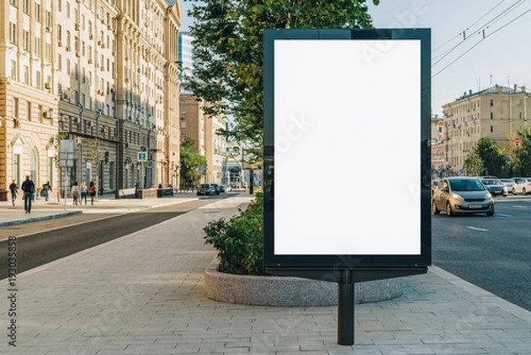 Fototapeta Pionowe puste świecące billboard na ulicy miasta. W tle budynki i droga z samochodami. Makieta. Plakat na ulicy obok jezdni.