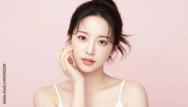 Obraz 透明感あふれる素肌と自然な表情が魅力の若い女性ビューティーポートレート、やわらかなピンク背景でスキンケア・保湿化粧品広告に最適な高品質美容素材