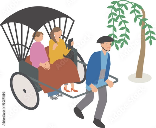 Obraz 人力車に乗って観光を楽しむ女性と車夫のイラスト