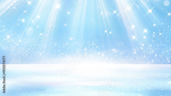 Obraz 幻想的な青いステージと光と白いカーテンの背景　スポットライトが降り注ぐ華やかなホワイトデー舞台