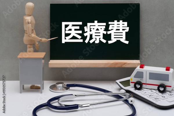 Obraz 黒板に書かれた医療費と救急車と聴診器