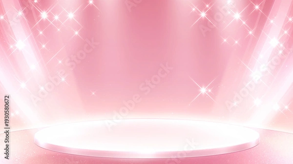 Obraz お誕生日パーティキラキラ輝くピンクのステージ背景　華やかなスポットライトキラキラカーテン