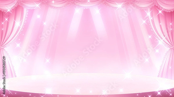 Obraz お誕生日パーティキラキラ輝くピンクのステージ背景　華やかなスポットライトキラキラカーテン