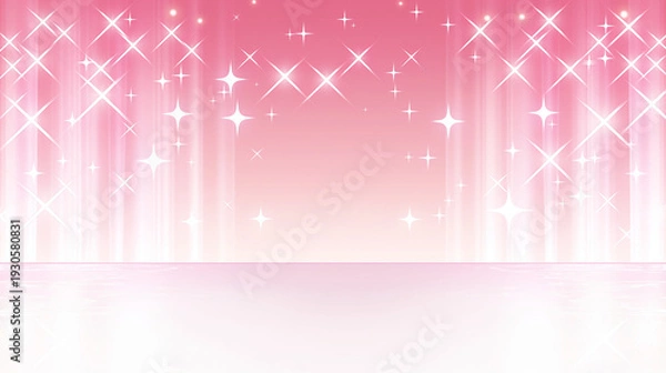 Obraz お誕生日パーティキラキラ輝くピンクのステージ背景　華やかなスポットライトキラキラカーテン