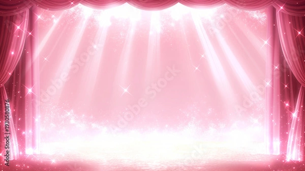 Obraz お誕生日パーティキラキラ輝くピンクのステージ背景　華やかなスポットライトキラキラカーテン