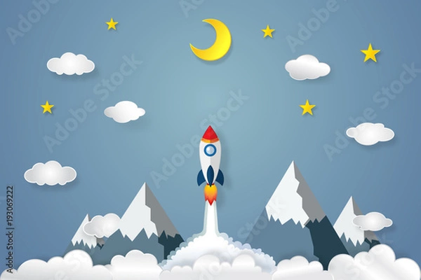 Fototapeta Rocket launch flying, half moon, clouds and stars in the night as paper art and craft style concept. vector illustrator.