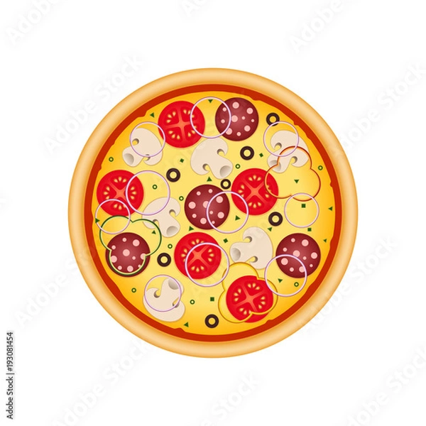 Fototapeta Pizza with mushrooms, salami, tomato and sausage. Illustration for advertisement, web sites, flyer, banners design. Vector illustration isolated on white background