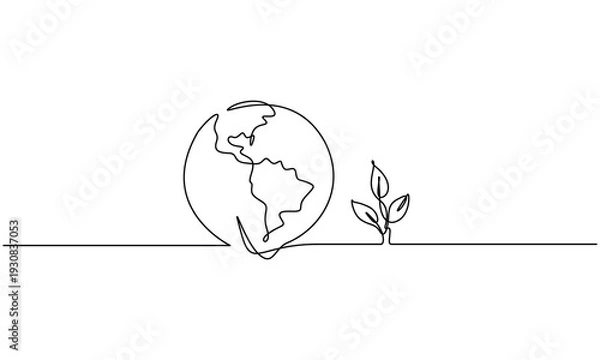 Obraz World environment earth globe with leaves continuous line drawn. 