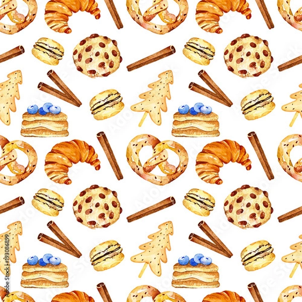 Fototapeta Watercolor yummy seamless pattern. Pattern with biscuit, croissant, bretzel, macaron, pancakes, cinnamon. Perfect for you postcard design,invitations,projects,wedding card,poster,packaging.