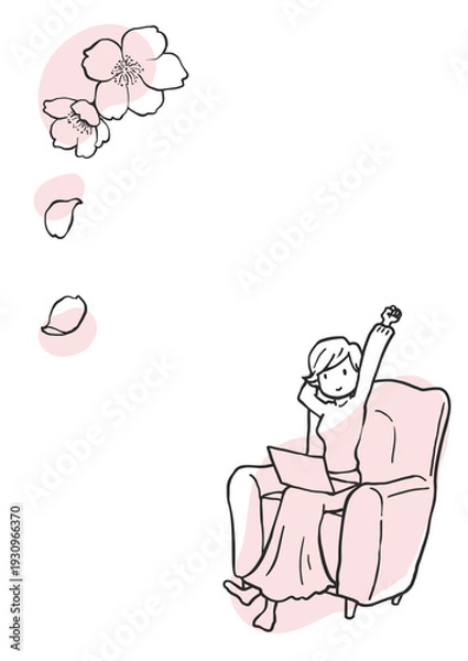 Obraz 桜の花とソファで作業する女性のシンプル縦線画

