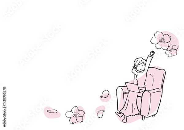 Obraz 桜の花とソファで作業する女性のシンプル線画